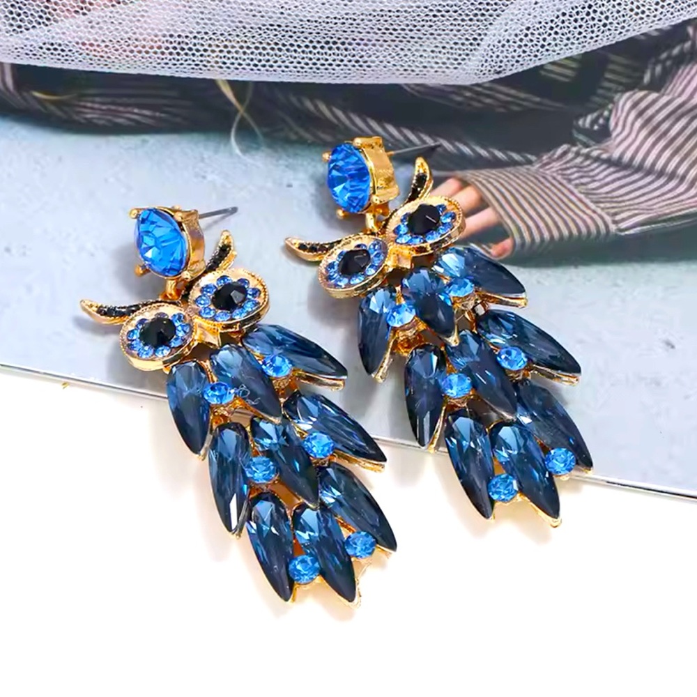 Royal Blue Rhinestone Owl Earrings